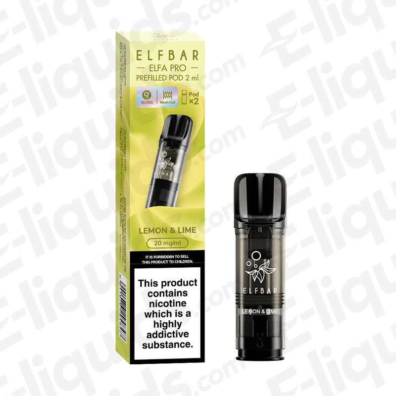 Elf Bar ELFA PRO Pre-Filled Vape Pods Lemon Lime flavor, showcasing packaging and pod, a zesty citrus vaping experience.