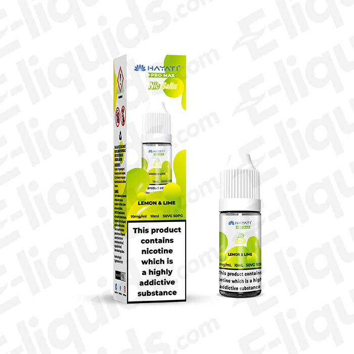 Lemon Lime Nic Salt E-liquid by Hayati Pro Max in a 10ml bottle with vibrant packaging, showcasing nicotine warning.