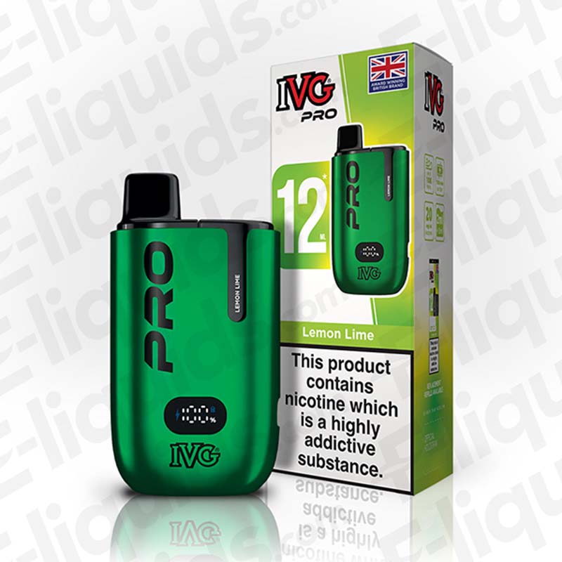 IVG Pro 6000 green disposable vape next to its packaging, featuring Lemon Lime flavor and nicotine warning.