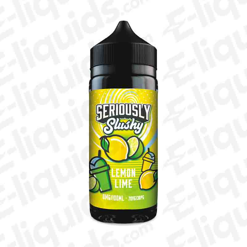 Lemon Lime Seriously Slushy E-liquid 100ml Bottle by Doozy Vape Co, featuring vibrant lemon and lime design, 70VG/30PG ratio.