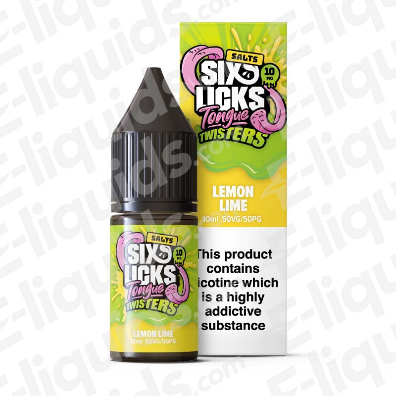 Lemon Lime Nic Salt E-liquid by Six Licks Tongue Twisters, 10ml bottle with 50VG/50PG blend.