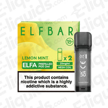 Elf Bar ELFA Lemon Mint pre-filled vape pods package with ELFA Pod Kit compatibility, 2ml e-liquid capacity, and mesh coil.