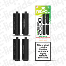 Revol 2600 Lemon Series Prefilled Pods with flavors: Lemon Lime, Cherry Peach Lemonade, Pink Lemonade, Pineapple Ice.