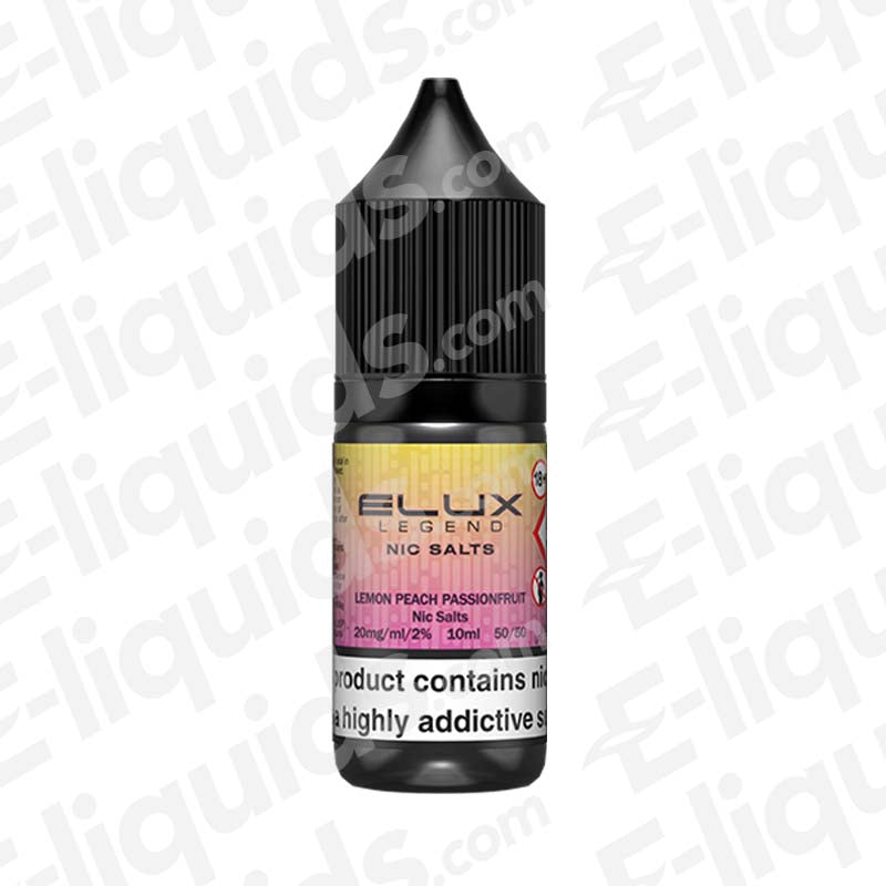 Lemon Peach Passion Nic Salt E-liquid by Elux Legend in a 10ml bottle, featuring vibrant flavor notes.