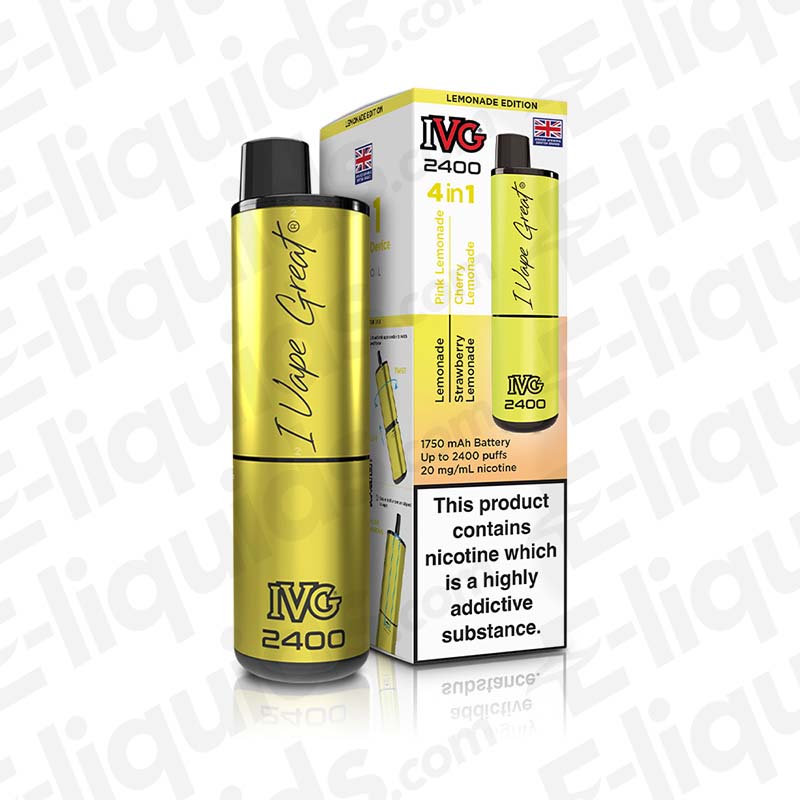 IVG 2400 Rechargeable Pod Kit Lemonade Edition with 20mg nic salts, USB-C fast charging, and four prefilled 2ml pods.