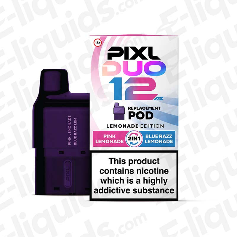 Lemonade Edition PIXL Duo 12 Prefilled Pod featuring pink lemonade and blue razz flavors, nicotine warning included.
