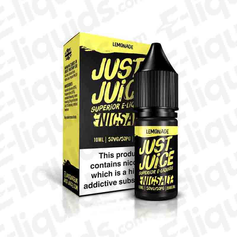 Lemonade Nic Salt E-liquid by Just Juice, 10ml bottle, 50VG/50PG, for Pod Kits, with lemonade and citrus flavors.
