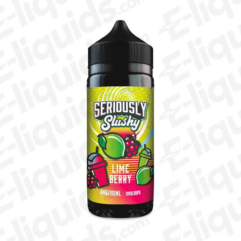 Bottle of Lime Berry Seriously Slushy Shortfill E-liquid by Doozy Vape Co with lime and berry flavors, 100ml size, 70VG/30PG.