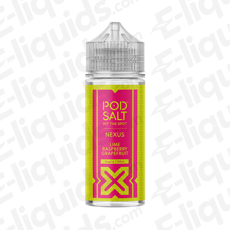 Pod Salt Nexus Lime Raspberry Grapefruit Shortfill E-liquid 100ml bottle, vibrant flavor blend of lime, raspberry, and grapefruit.