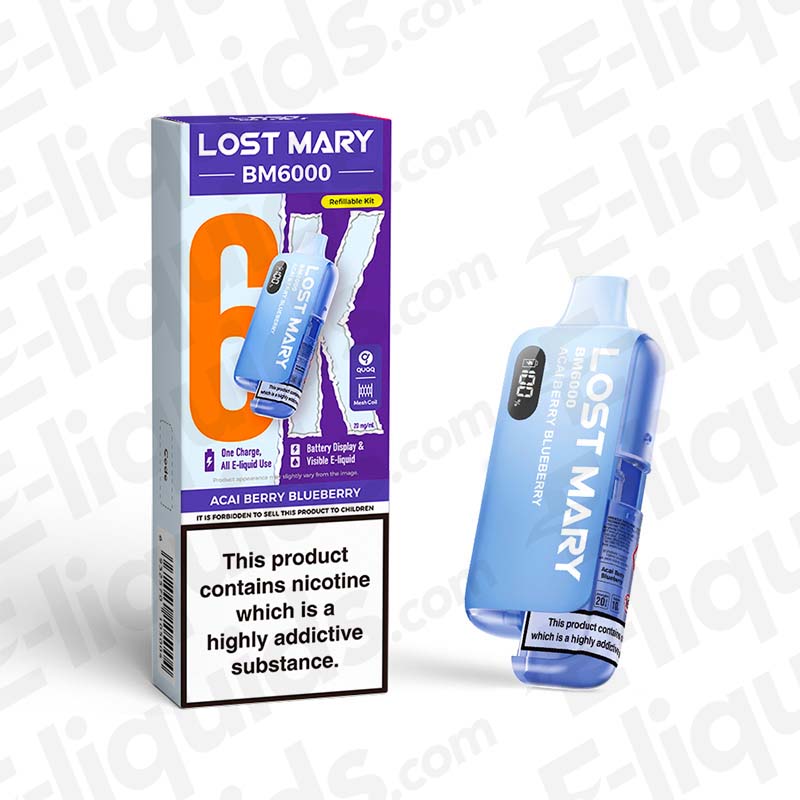 Lost Mary BM6000 Prefilled Pod Kit in Acai Berry Blueberry flavor, compliant with UK regulations, offers 6000 puffs.