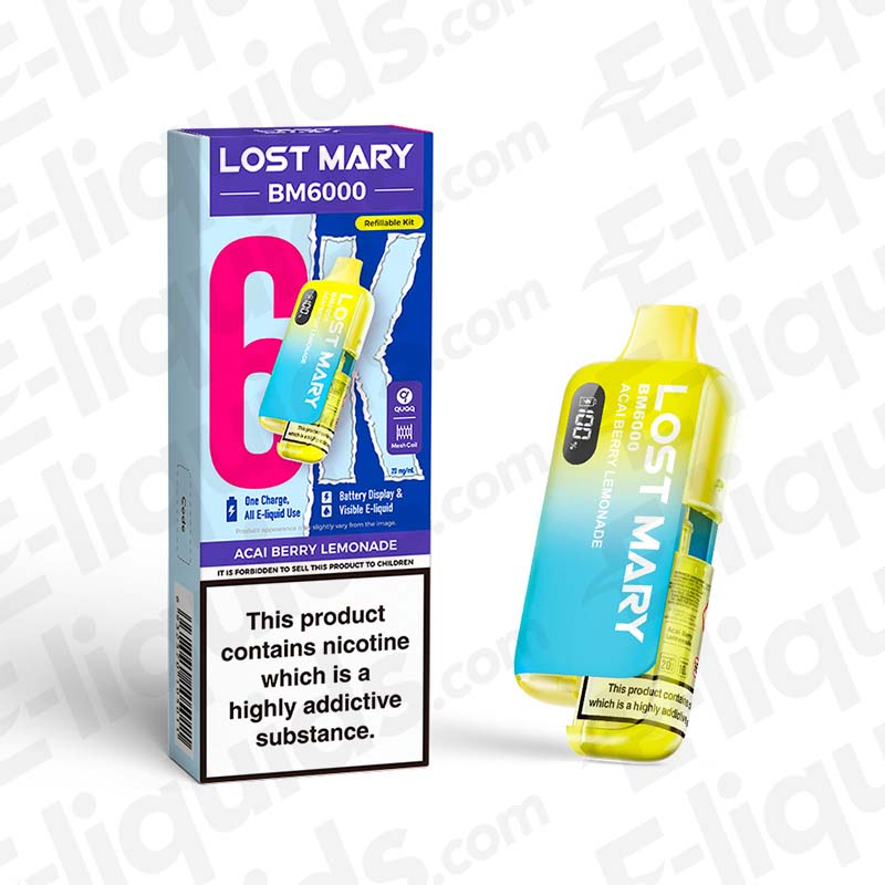 Lost Mary BM6000 Prefilled Pod Kit in Acai Berry Lemonade flavor, compliant with UK regulations, offers 6000 puffs.