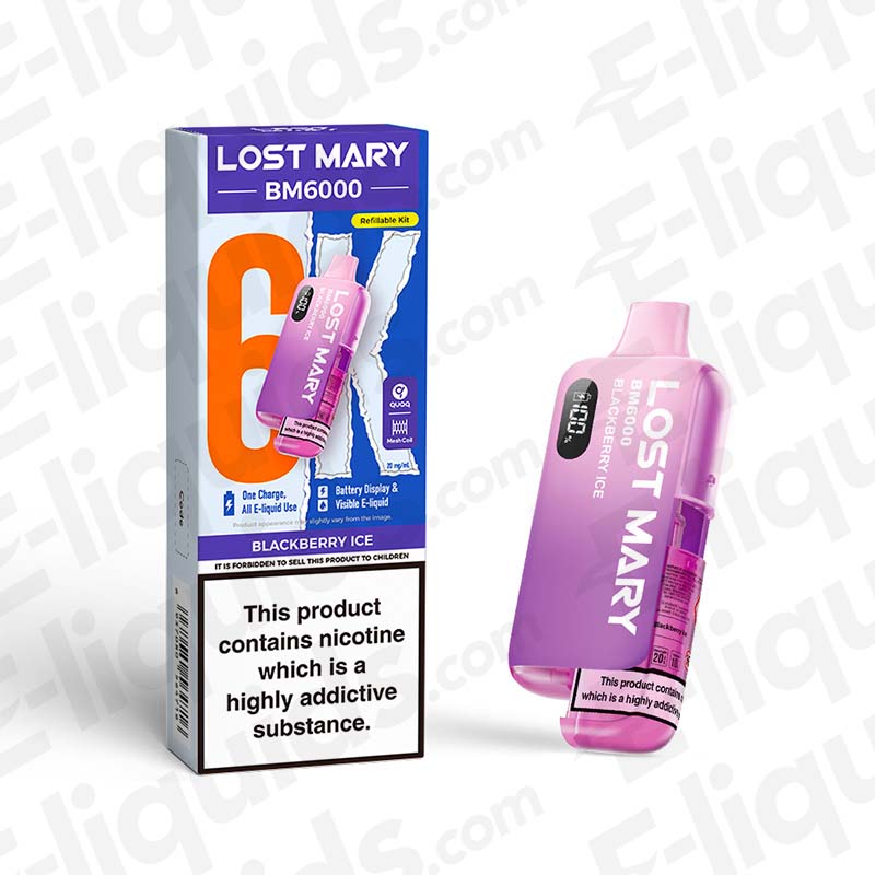 Lost Mary BM6000 Pod Kit in Blackberry Ice flavor, showcasing its unique design and compliance with UK vaping standards.