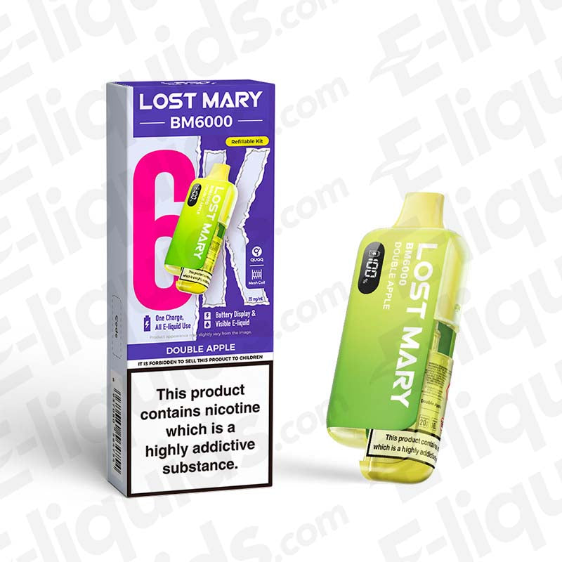 Lost Mary BM6000 Double Apple Prefilled Pod Kit, 6000 puffs, UK compliant, vibrant packaging, satisfying vaping experience.