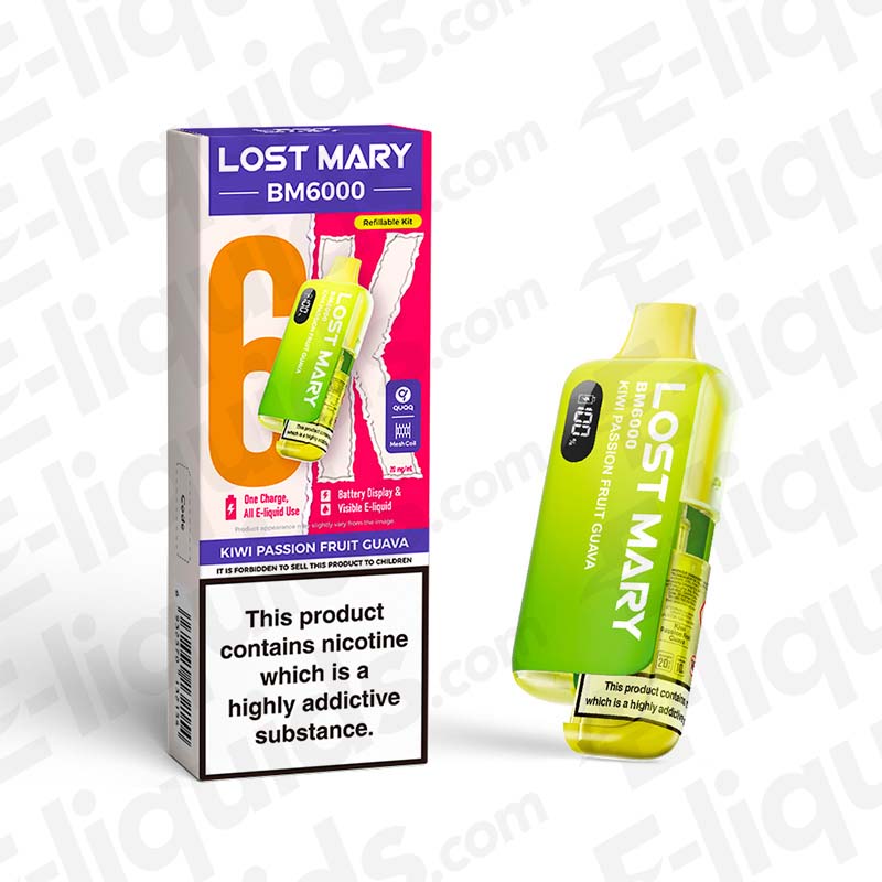 Lost Mary BM6000 Compliant Prefilled Pod Kit in Kiwi Passion Fruit Guava flavor, offering up to 6000 puffs. Safe, sleek design.