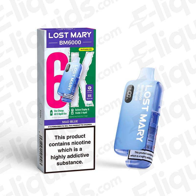 Lost Mary BM6000 Prefilled Pod Kit in Mad Blue, box and device, up to 6000 puffs, UK compliant vaping product.