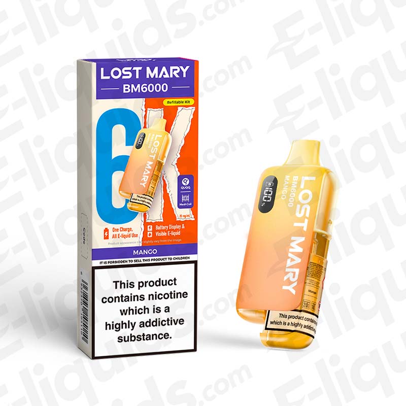 Lost Mary BM6000 Prefilled Pod Kit in Mango Flavor, offering up to 6000 puffs, compliant with UK vaping regulations.