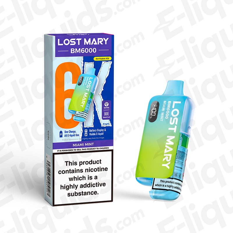 Lost Mary BM6000 Pod Kit in Miami Mint flavor next to packaging, offering 6000 puffs, compliant with UK regulations for a smooth vape.