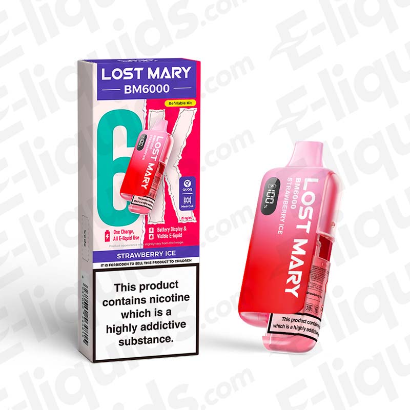 Lost Mary BM6000 Pre-Filled Pod Kit in Strawberry Ice flavor packaging, compliant with UK vaping regulations, up to 6000 puffs.