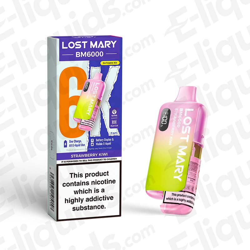 Lost Mary BM6000 Strawberry Kiwi Prefilled Pod Kit, 6000 puffs, unique design, smooth vaping, UK compliant, vibrant packaging.