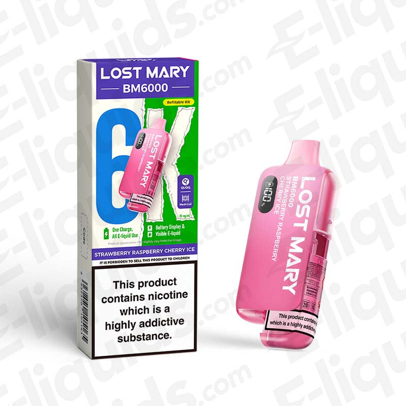 Lost Mary BM6000 Compliant Pod Kit in pink with packaging, offering 6000 puffs. Vaping device shown alongside box. UK compliant.