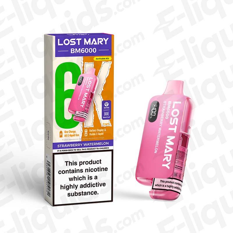Lost Mary BM6000 Strawberry Watermelon Prefilled Pod Kit with 6000 puffs displayed in packaging with device on the side.