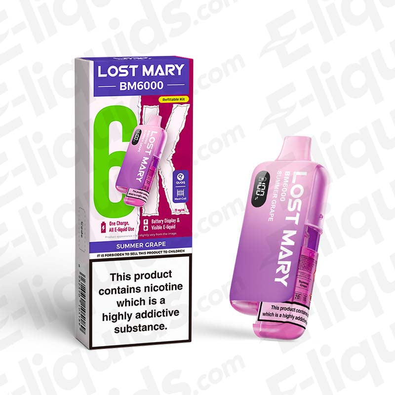 Lost Mary BM6000 Pod Kit in Summer Grape flavor with packaging, offering up to 6000 puffs, UK compliant vaping device.