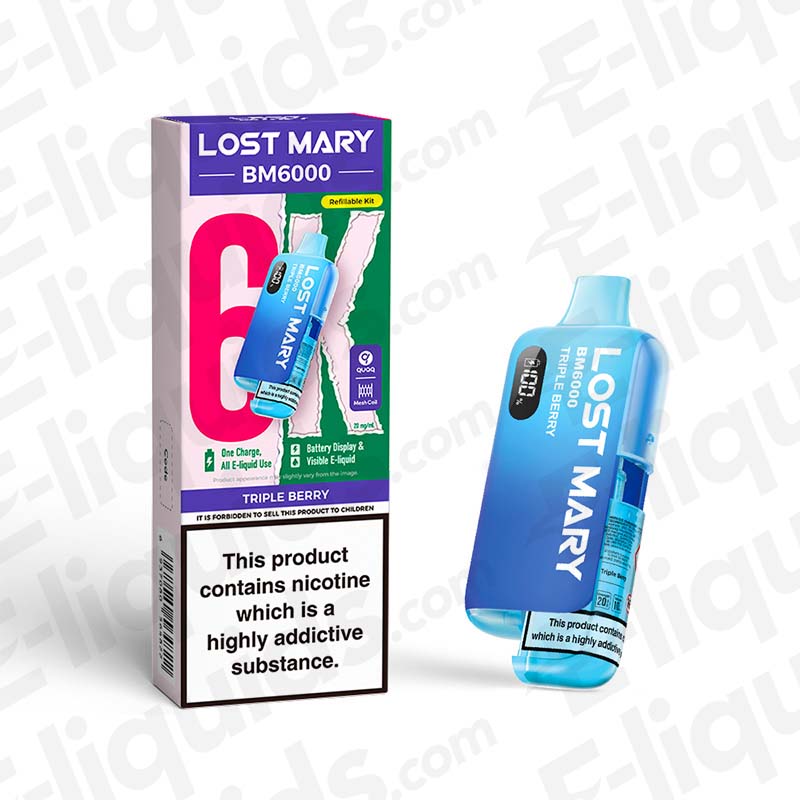 Lost Mary BM6000 Prefilled Pod Kit with Triple Berry flavor packaging, showcasing its 6000 puffs and unique design.