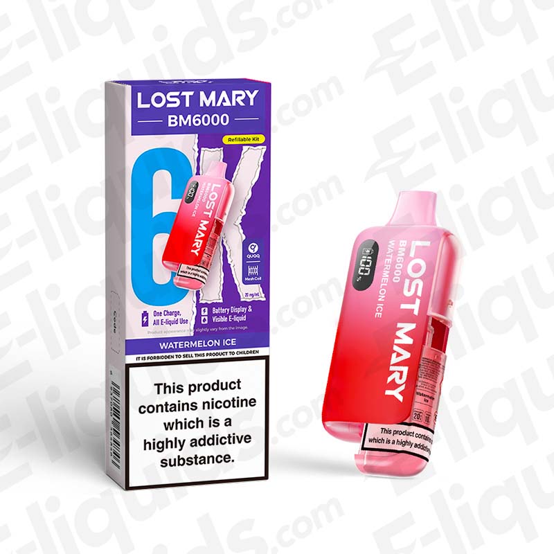 Lost Mary BM6000 Prefilled Pod Kit, Watermelon Ice flavor, showing unique design, up to 6000 puffs, compliant with UK vaping regulations.