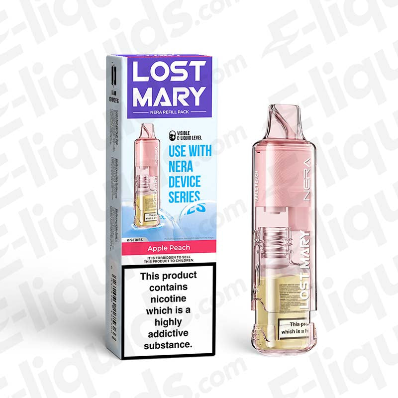 Lost Mary Nera 15K Pureview Apple Peach Prefilled Pods with box and vape pen displayed, nicotine warning visible.