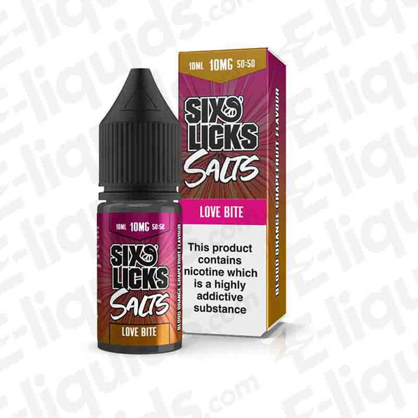 Six Licks Love Bite 10ml Nic Salt E-liquid bottle and packaging with blood orange and grapefruit flavors.