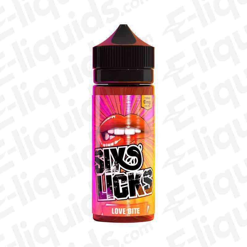 Love Bite Shortfill E-liquid by Six Licks in a vibrant bottle with orange and pink design.