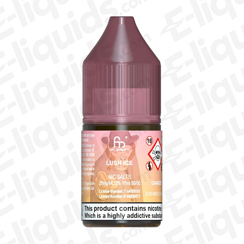 Bottle of Lush Ice RandM 7000 Nic Salt E-liquid by Fumot with 10mg/20mg nicotine and 50/50 VG/PG ratio.