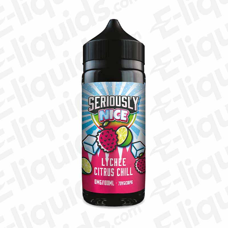Bottle of Lychee Citrus Chill Seriously Nice Shortfill E-liquid by Doozy Vape Co with lychee and citrus design, 120ml 70VG/30PG.