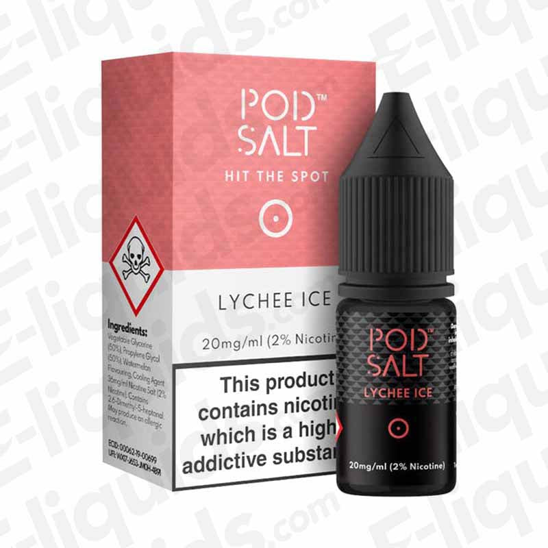 Lychee Ice Nic Salt E-liquid by Pod Salt in a 10ml bottle, featuring a sweet and cooling lychee flavor.