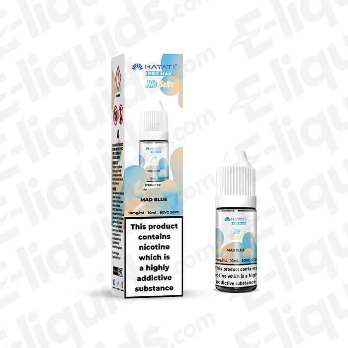 Mad Blue Nic Salt E-liquid by Hayati Pro Max, featuring blue fruit flavors in 10mg strength, 10ml bottle.