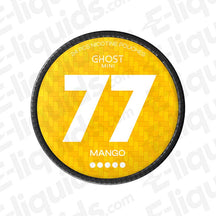 Mango 77 Ghost Mini Extra Strong Nicotine Pouches, 20mg per pouch with 20 pouches per can, front view of yellow packaging.