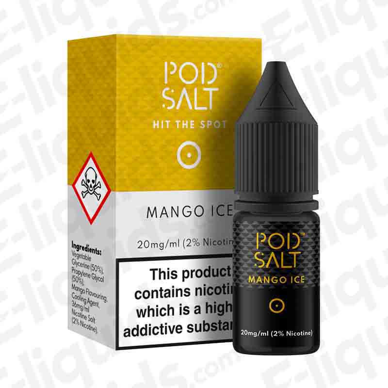 Mango Ice Nic Salt E-liquid by Pod Salt, 20mg/ml, featuring exotic mango and menthol flavors, packaging and bottle shown.