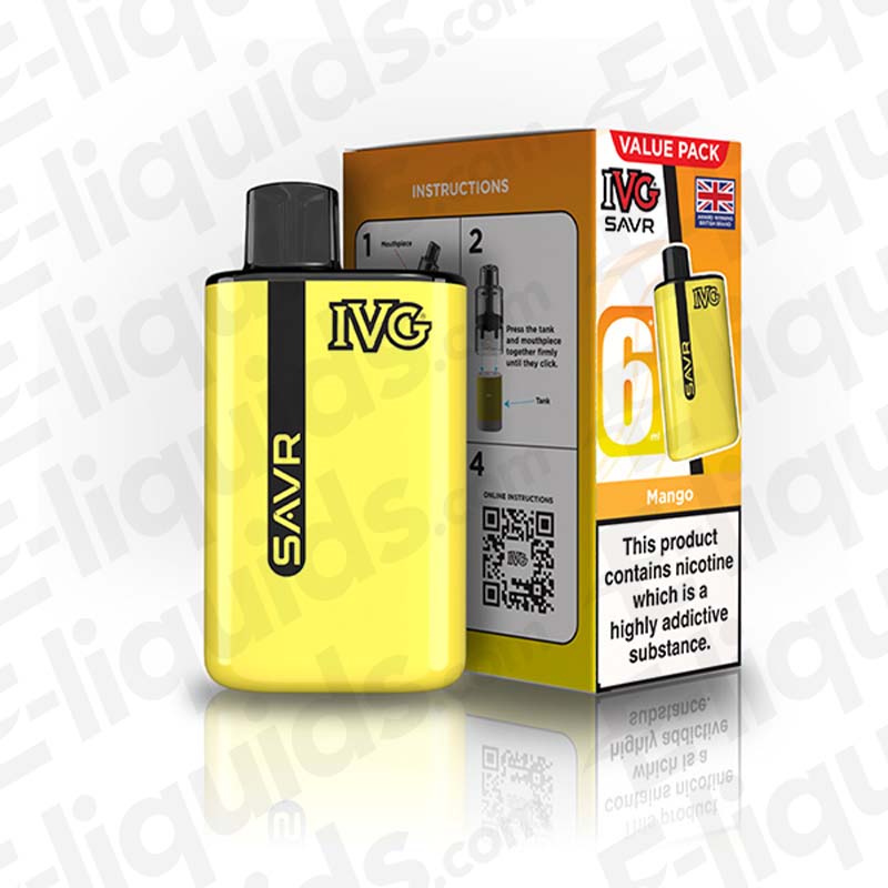 IVG SAVR Legal Big Puff Prefilled Pod Kit in yellow with instructions and mango flavor packaging.