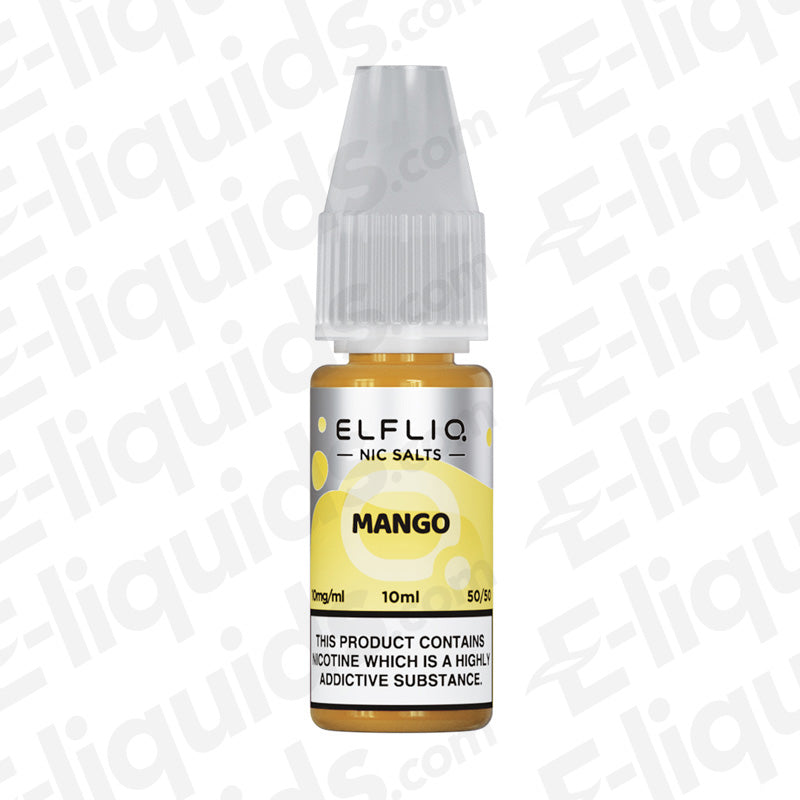 Mango Nic Salt E-liquid by ELFLIQ, 10ml bottle with tropical flavor, available in 10mg or 20mg nicotine strength.
