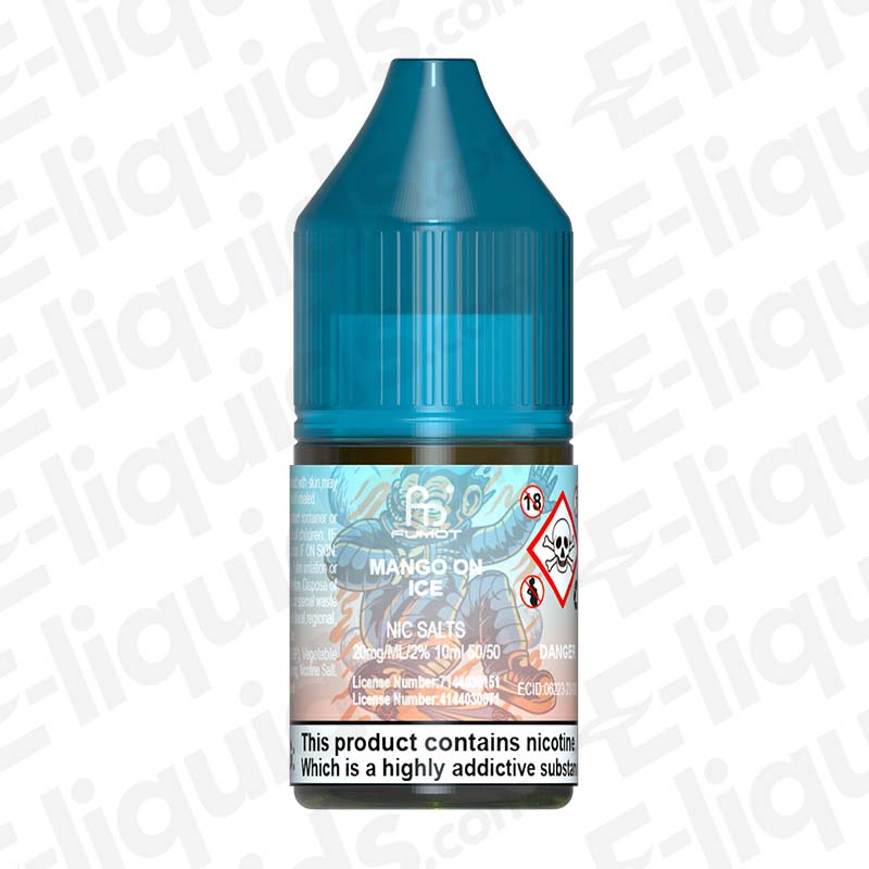 Mango On Ice RandM 7000 Nic Salt E-liquid by Fumot in a 50ml bottle with blue cap.
