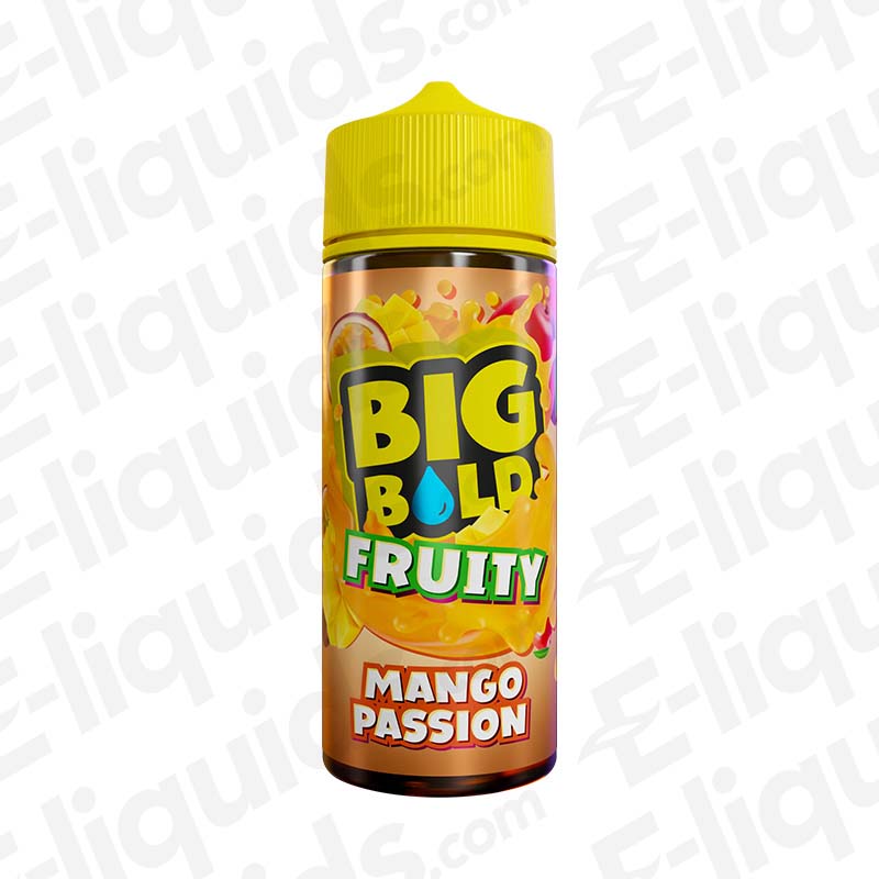 Mango passion fruit vape juice from Big Bold with yellow cap, fruity flavor, 100ml bottle, vibrant label design.