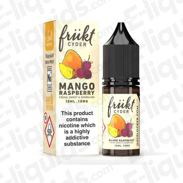 Mango Raspberry Nic Salt E-liquid by Frukt Cyder, 10ml bottle, fresh mango and raspberry flavor with ice-cold cider touch.