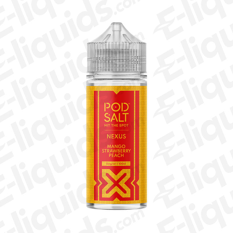 Mango Strawberry Peach Shortfill E-liquid by Pod Salt Nexus, vibrant flavor in a 100ml bottle for refreshing vape.