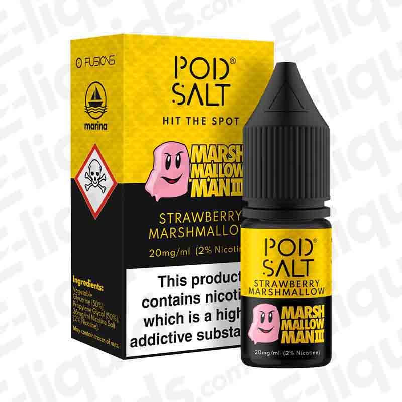 Pod Salt Marshmallow Man 3 Nic Salt E-liquid in a 10ml bottle with strawberry and marshmallow flavor.