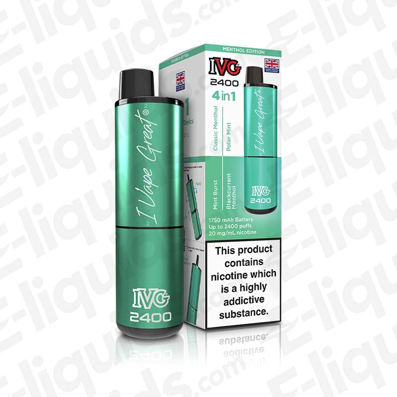 IVG 2400 4-in-1 Menthol Edition Rechargeable Pod Kit with 20mg nic salt e-liquids and USB-C fast charging box image.