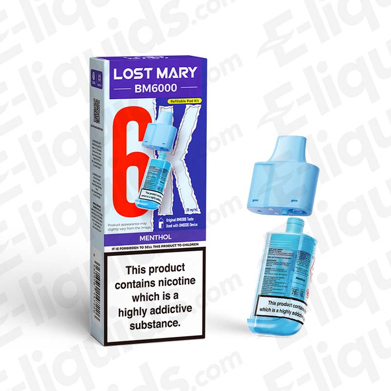 Lost Mary BM6000 Menthol Pre-Filled Pod with box, 6000 puffs, nicotine warning, smooth vaping, compliant e-liquid product
