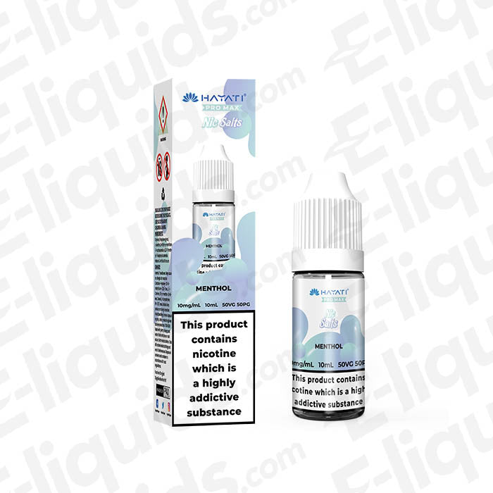Menthol Pro Max Nic Salt E-liquid by Hayati in 10ml bottle with packaging, offering smooth throat hits and refreshing menthol flavor.