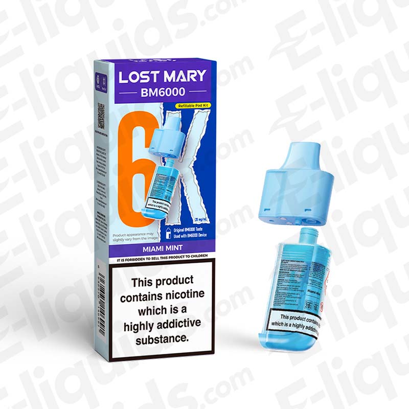 Lost Mary BM6000 Compliant Prefilled Pod in Miami Mint flavor, featuring a sleek blue design, offering 6000 puffs.