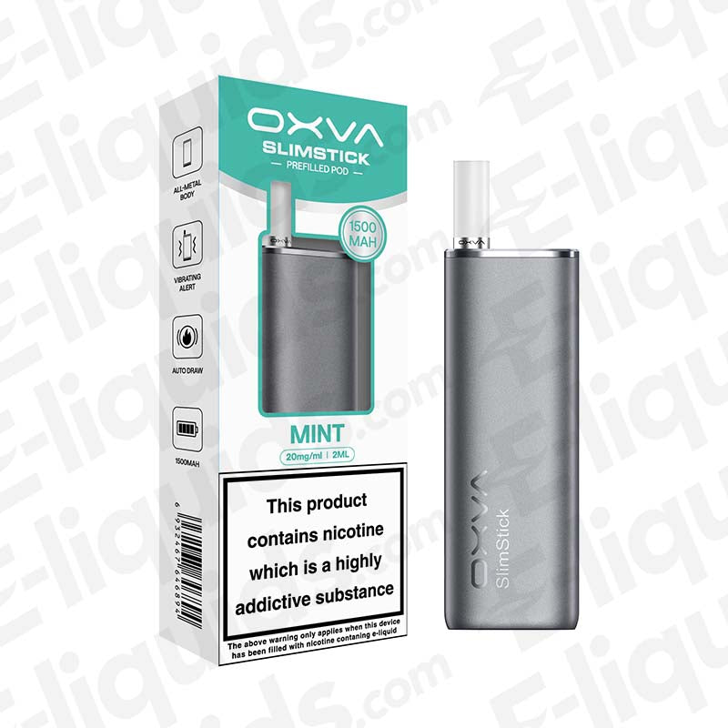 OXVA Slimstick Gray - Mint Prefilled Pod Kit with refreshing Mint flavour in white packaging with green accents.