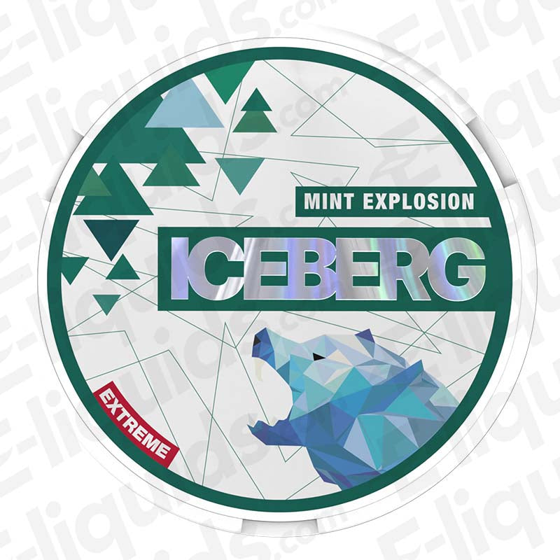 Mint Explosion Nicotine Pouches by Iceberg, featuring a bold green design with geometric patterns and a polar bear.